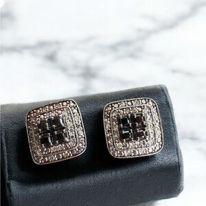 925 DLC sterling silver Square Earrings with black diamonds set in the middle